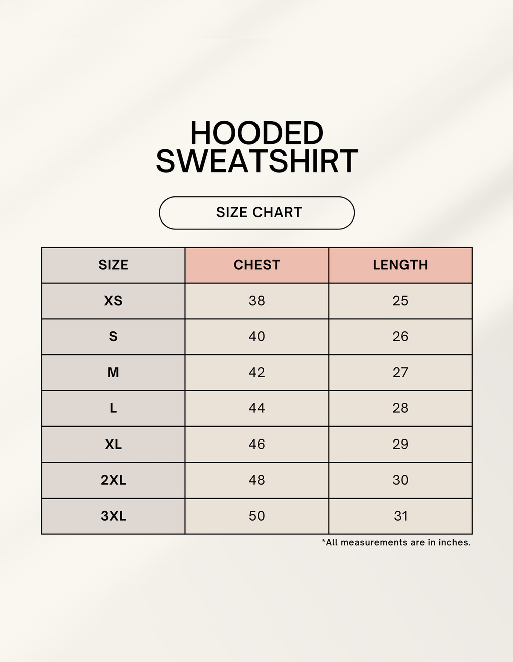 Unisex heavyweight hoodie size chart in inches