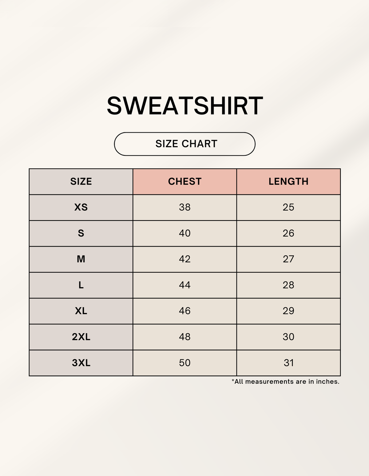 Unisex sweatshirt size chart in inches