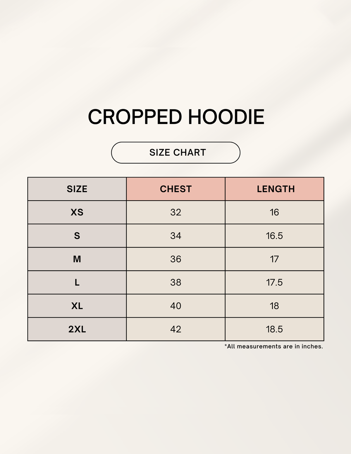 The Angio Suite Squad women's cropped hoodie size chart