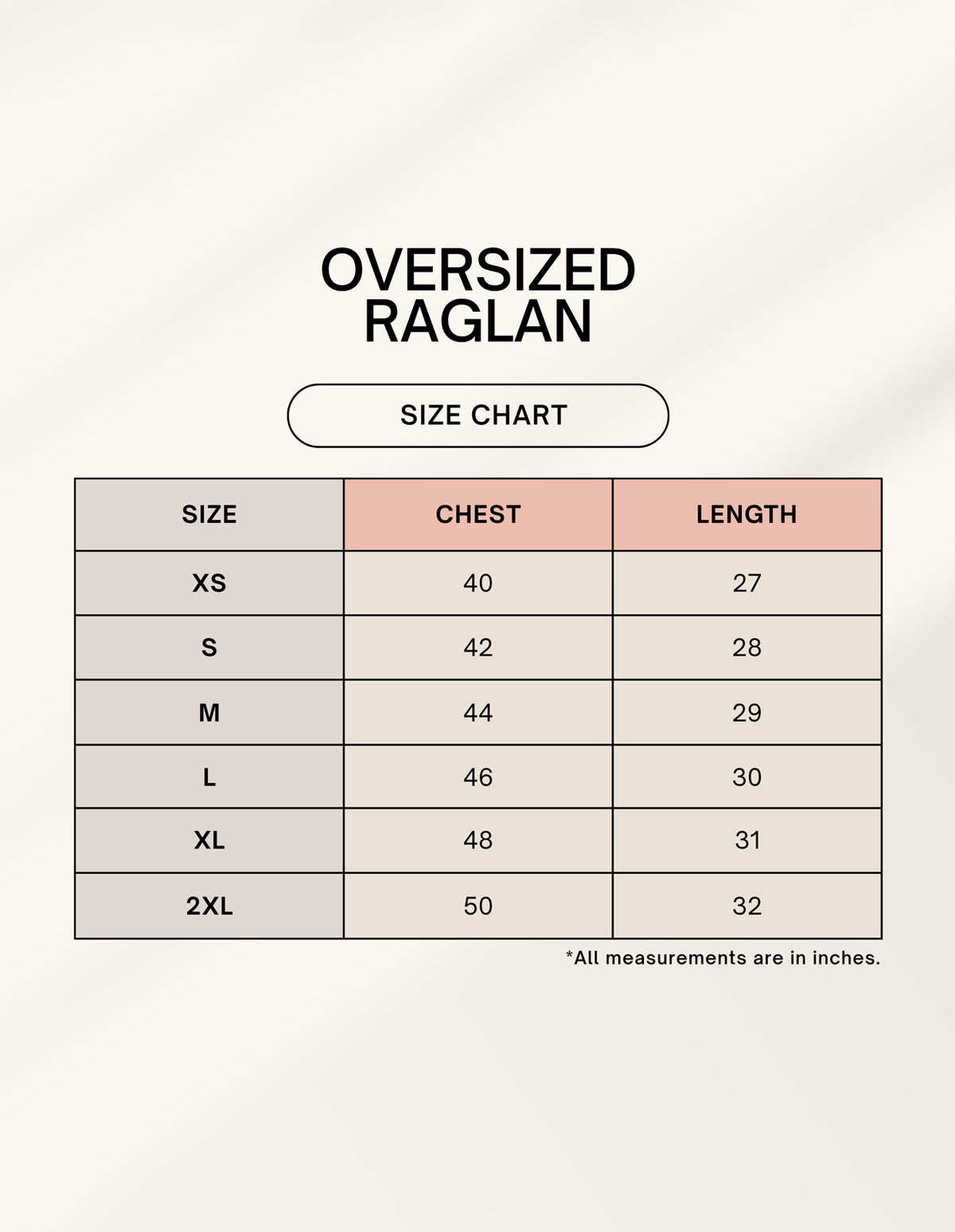 Oversized raglan T-shirt size chart in inches
