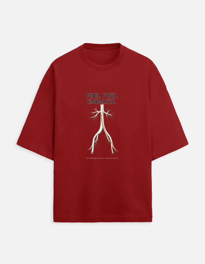 Red — Find. Feed. Embolize. interventional radiology t-shirt, front view