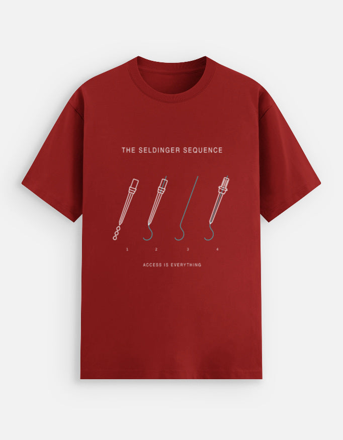 Red — The Seldinger Sequence interventional radiology t-shirt, front view