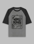 Black Charcoal Melange — Wires, Stents & Caffeine raglan T-shirt, front