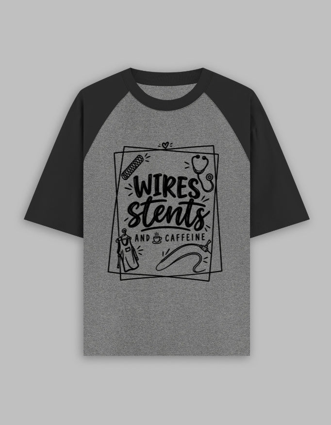 Black Charcoal Melange — Wires, Stents & Caffeine raglan T-shirt, front