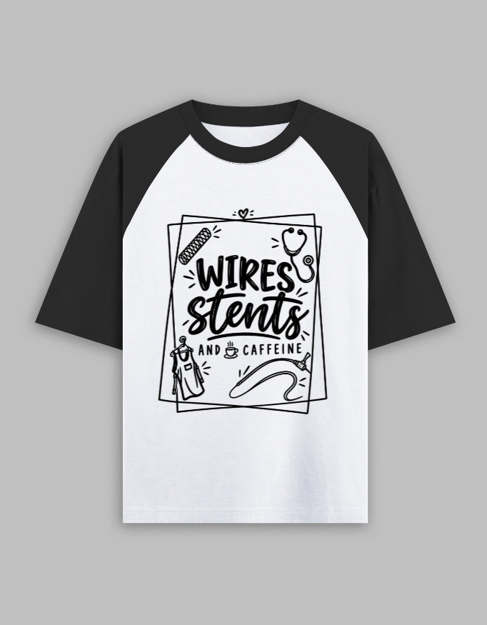 Black White — Wires, Stents & Caffeine raglan T-shirt, front