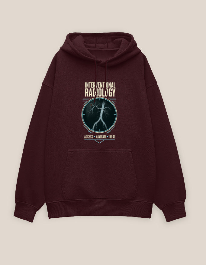Maroon — Access. Navigate. Treat. interventional radiology oversized hoodie, front view