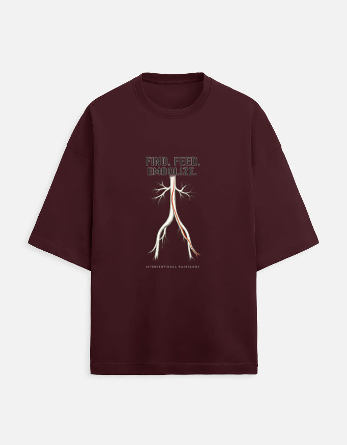 Maroon — Find. Feed. Embolize. interventional radiology t-shirt, front view