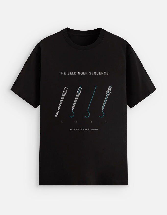 Black — The Seldinger Sequence interventional radiology t-shirt, front view
