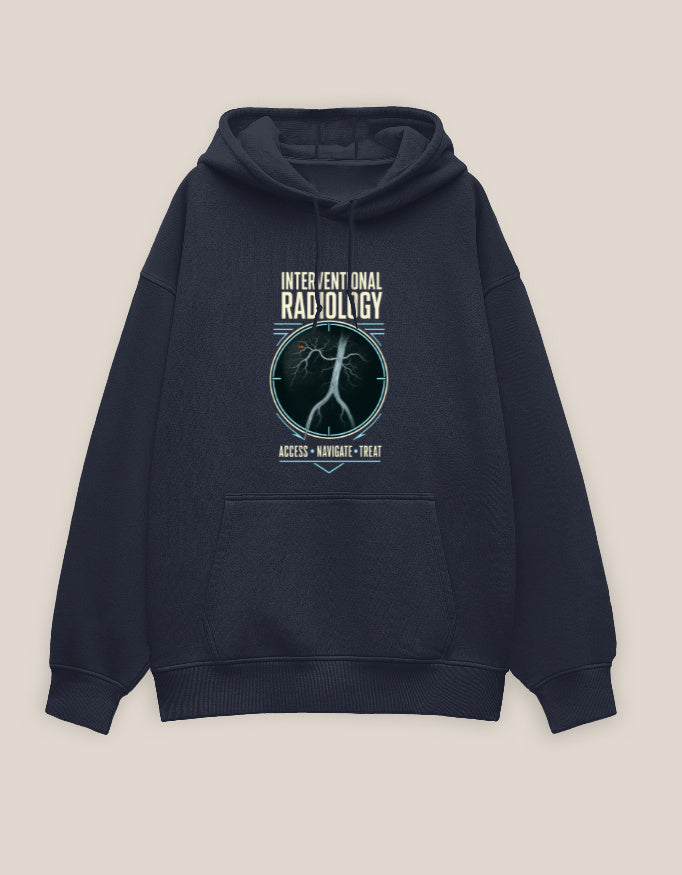 Navy Blue — Access. Navigate. Treat. interventional radiology oversized hoodie, front view