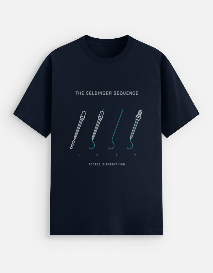 Navy Blue — The Seldinger Sequence interventional radiology t-shirt, front view