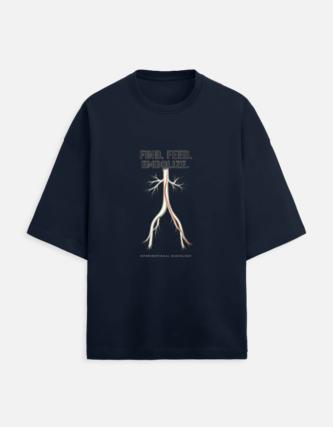 Navy Blue — Find. Feed. Embolize. interventional radiology t-shirt, front view