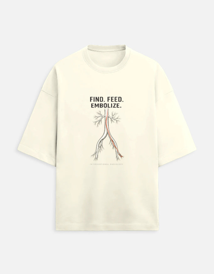 Off White — Find. Feed. Embolize. interventional radiology t-shirt, front view