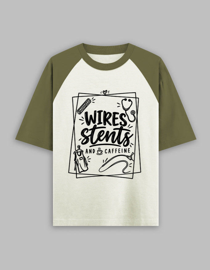 Olive Green off white — Wires, Stents & Caffeine raglan T-shirt, front