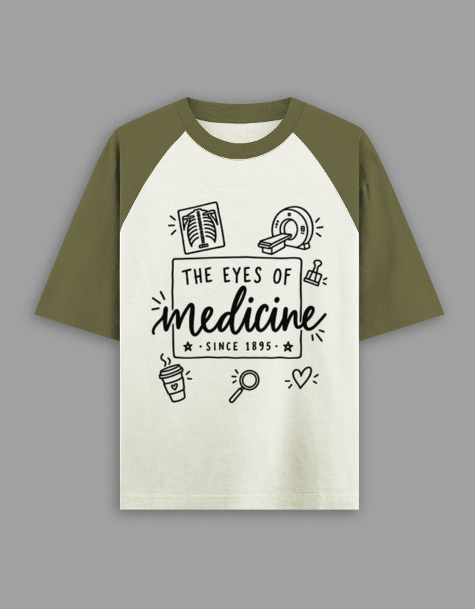 Olive Green off white — The Eyes of Medicine raglan T-shirt, front