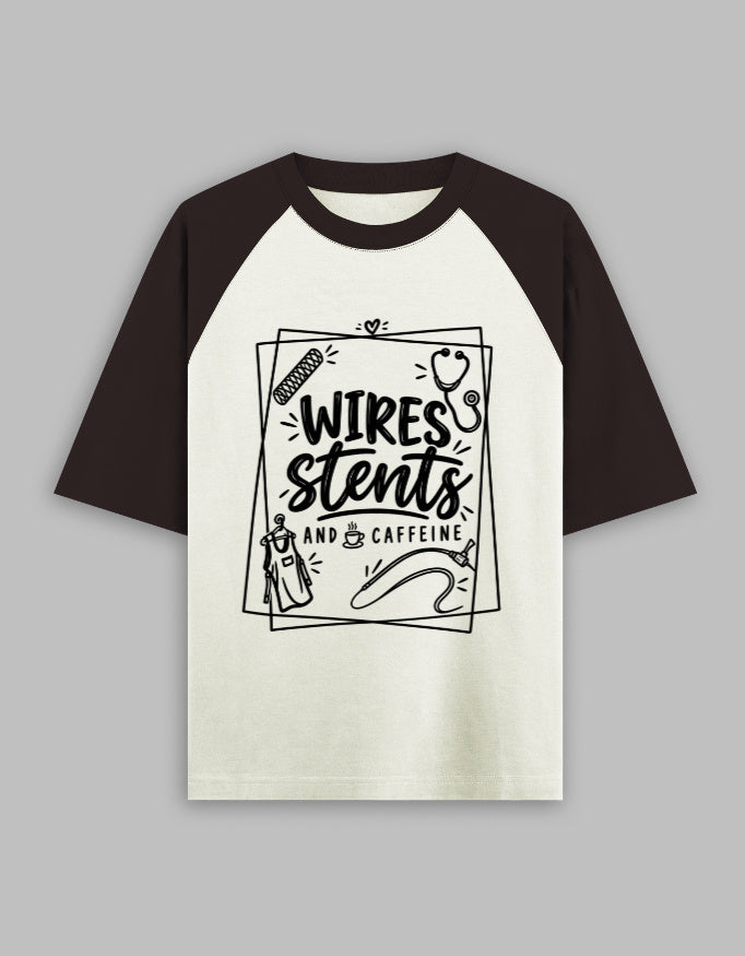 Coffee Brown off white — Wires, Stents & Caffeine raglan T-shirt, front