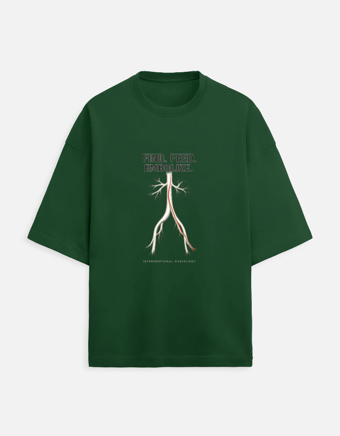 Bottle Green — Find. Feed. Embolize. interventional radiology t-shirt, front view