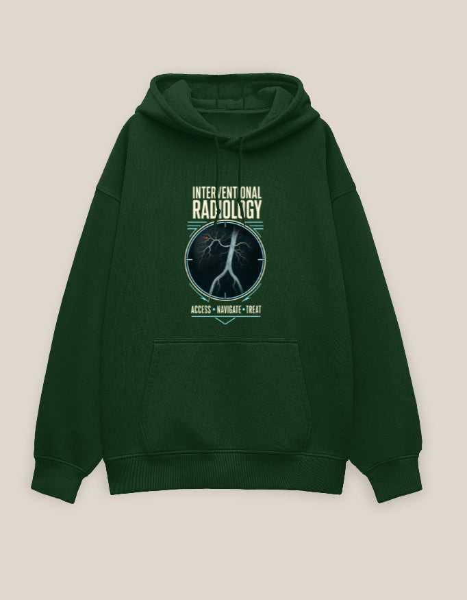 Bottle Green — Access. Navigate. Treat. interventional radiology oversized hoodie, front view